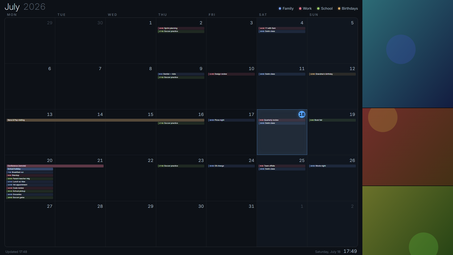 Calendar Saver screensaver showing a full month family calendar in dark theme with colored events and a photo collage